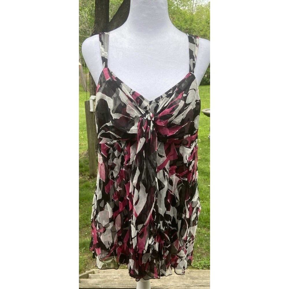 Vintage Women Sz XL Y2K Karen Kane Silk Tank Top Pink Black Abstract Whimsicore